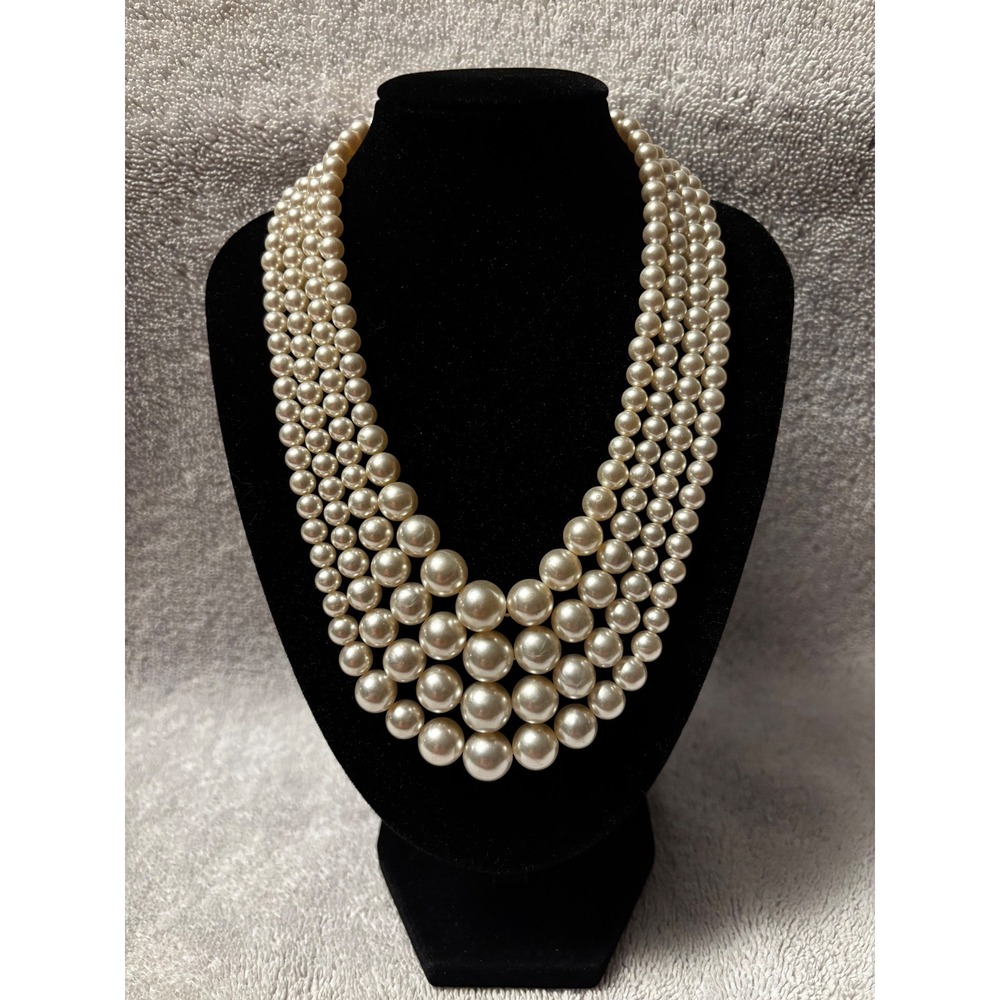 Vintage Style Multi Strand Faux Pearl Bib Necklace Cream Silver Tone Adjustable